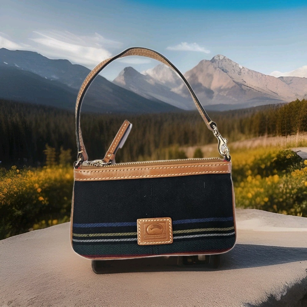 Dooney & Bourke Large Denim Tartan Striped Wristlet Plaid Colorful Brown Leather